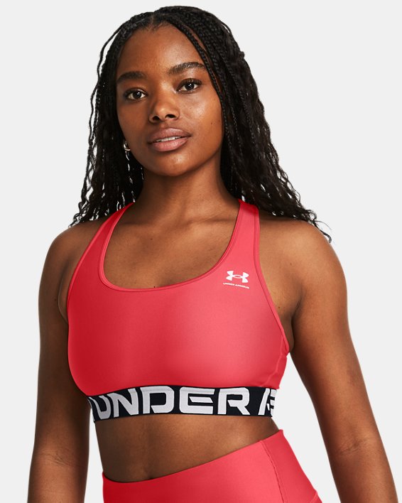 Women's HeatGear® Armour Mid Branded Sports Bra, Red, pdpMainDesktop image number 2